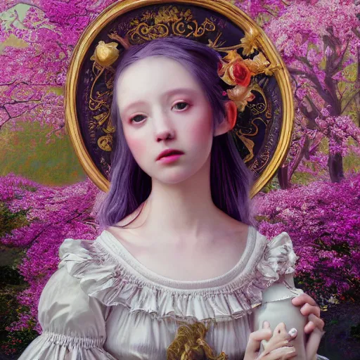 Image similar to 8k, octane render, realism, tonalism, renaissance, rococo, baroque, portrait of a young lady wearing long harajuku manga dress with flowers and skulls standing in a renaissance park, chaotic gold leaf flowers