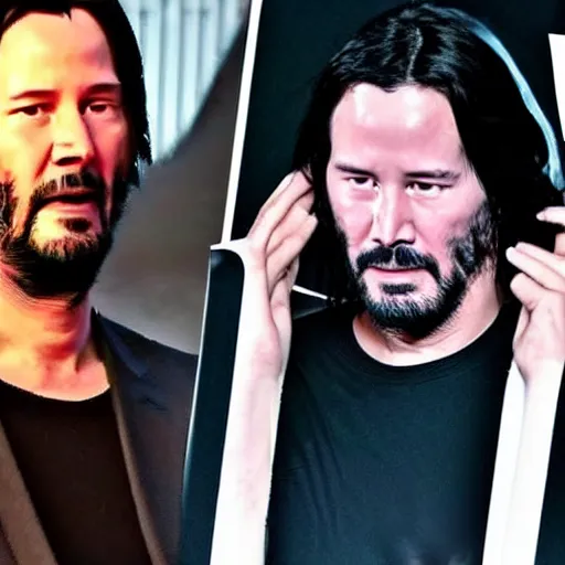 Image similar to Keanu Reeves facepalming over how bad Cyberpunk 2077 was