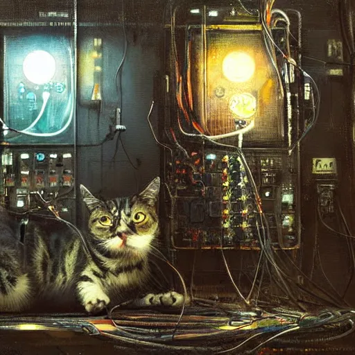 Image similar to robot cyborg cat, many wires and neon lights exposed, metal and glowing eyes, highly detailed painting by jeremy mann