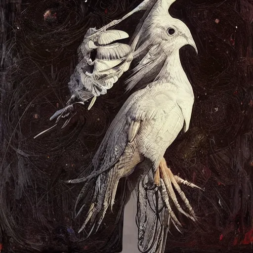 Prompt: artemixel, white crow bringing rabbit leg to a occult witch by android jones and m. c. escher collaboration, futurist, digital art, dramatic lighting by nicola samori and jeffrey smith, oil on canvas