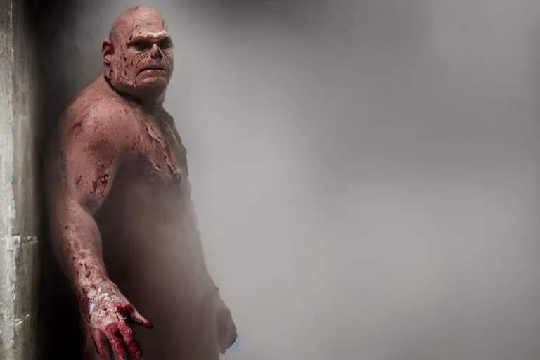 Image similar to a cinematic portrait of mutant serial killer dressed in human skin, in a backroom, fog storm, annie leibovitz and zack snyder, 8 k, hd, high resolution, 8 5 mm, f / 1. 8