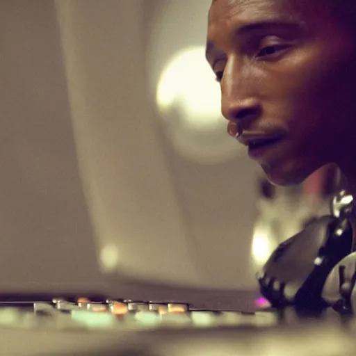 Image similar to cinematic sci-fi film still of Pharrell Williams Making A Beat with alien intelligence, Japanese VFX, 2018, 400mm lens, f1.8, shallow depth of field,film photography