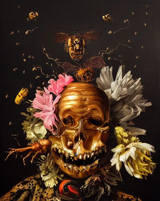 Image similar to refined gorgeous blended oil painting with black background by christian rex van minnen rachel ruysch dali todd schorr of a chiaroscuro portrait of an extremely bizarre disturbing mutated man made of still life flowers and rubber insects with shiny skin acne dutch golden age vanitas intense chiaroscuro cast shadows obscuring features dramatic lighting perfect symmetry perfect composition masterpiece