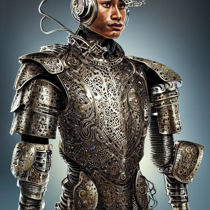 Image similar to portrait of a man wearing cyborg armor, Javanese batik pattern, subject in the center of the frame, wide angle shot, diffuse lighting, fantasy, intricate, elegant, highly detailed, lifelike, photorealistic, digital painting, artstation, illustration, concept art, smooth, sharp focus, art by John Collier and Albert Aublet and Krenz Cushart and Artem Demura and Alphonse Mucha