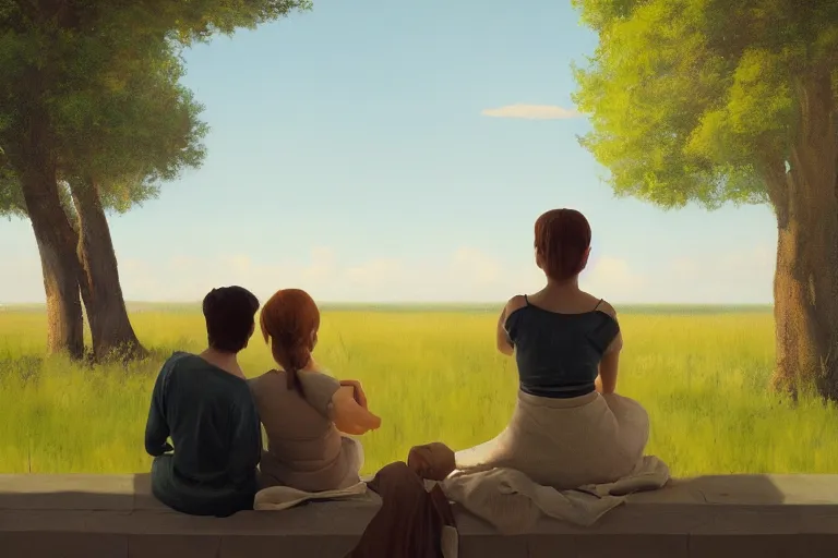 Prompt: beautiful painting, back view of friends sitting on the edge, cute, soft light, digital painting by diane arbus and ralph mcquarrie and harry bertoia octane render