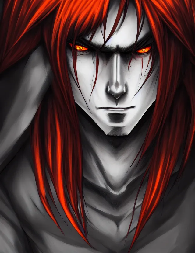Prompt: a detailed manga portrait of a shadowy dark handsome boy with long crimson hair and glowing orange eyes and fangs, lurking in the shadows, trending on artstation, digital art, 4 k resolution, detailed, high quality, sharp focus, hq artwork, coherent, insane detail, character portrait