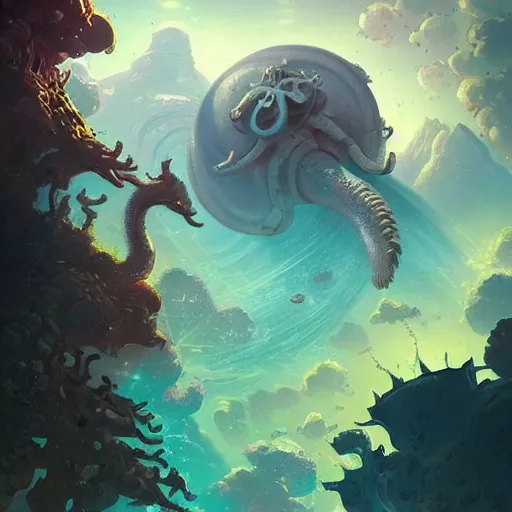 Image similar to Astronauts and some mythical animals are under the sea, they are swimming away from the giant kraken, the kraken is behind chasing them, this is an extravagant planet with wacky wildlife, the background is full of ancient ruins, by Jordan Grimmer digital art, trending on Artstation,