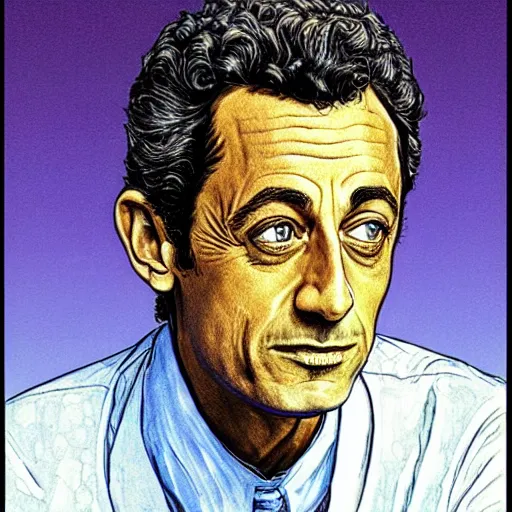 Prompt: portrait of Nicolas Sarkozy by Jean Giraud