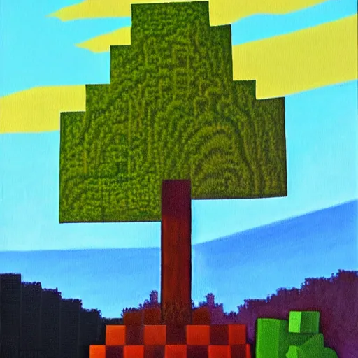 Image similar to minecraft landscape, painting, acrylic