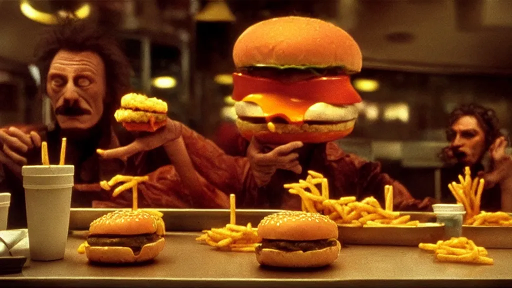 Prompt: the strange cheeseburger creature at the fast food place, film still from the movie directed by denis villeneuve and david cronenberg with art direction by salvador dali and zdzisław beksinski, commercial, wide lens