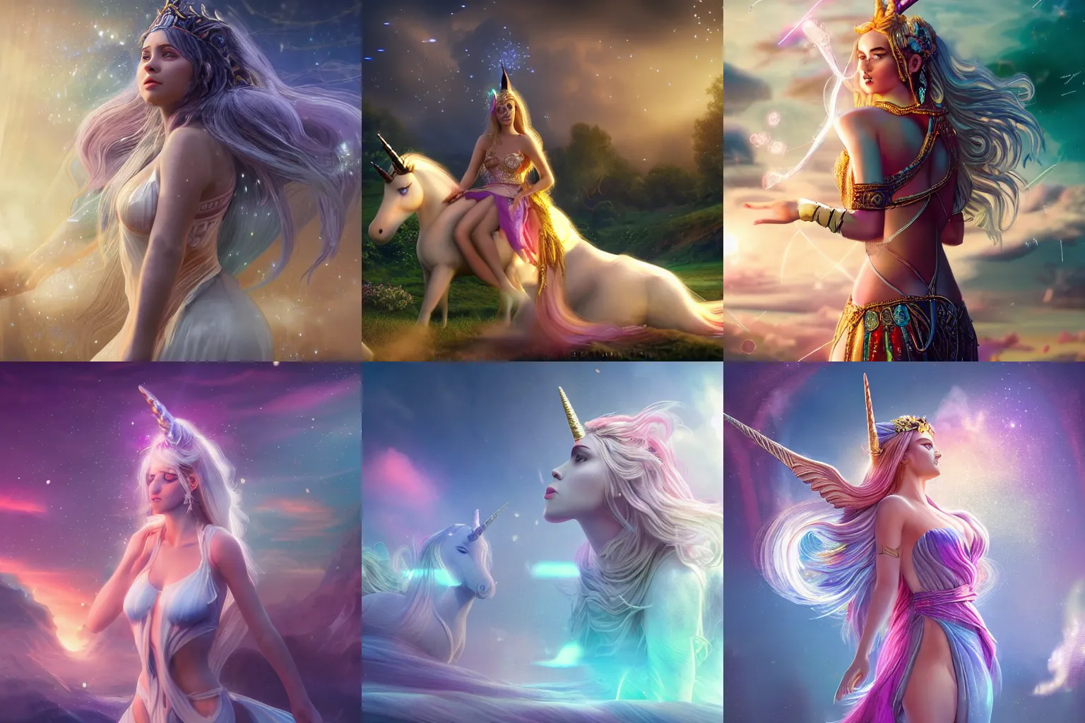 Prompt: a beautiful female goddess of unicorns character, character is in all its glory, character is in her natural relaxed pose, rim lights, particles and dust in the air, fancy clouds, highly detailed professional photo, dynamic lights, particles are flying, depth of field, trending on artstation, illustration, hyper realistic, vray caustics, super detailed, colorful accents, cinematic shot