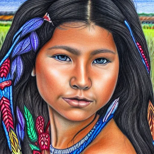 Image similar to ultra detailed colored pencil drawing of a stunningly beautiful first nation girl, style bellerose and desjarlais,