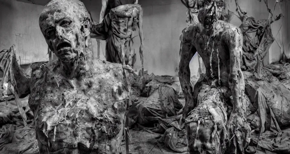 Image similar to a sculpture in chaos, a man stands dead. shrink wrapped and crucified. he has swollen to the size of a cow. the man has no feet, they are replace with the heads of his foes.