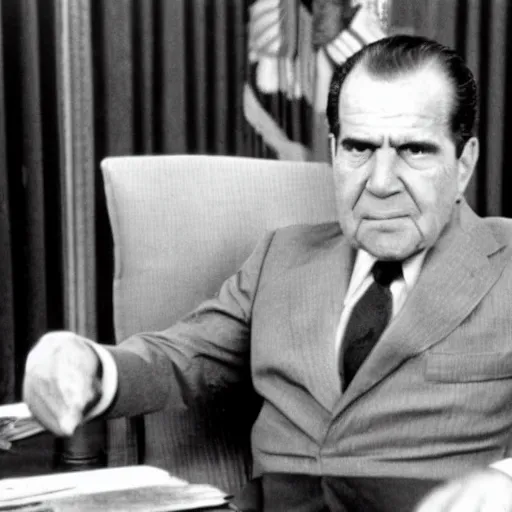 Prompt: Wasted Richard Nixon drinking a bottle of vodka in the oval office, historical photo