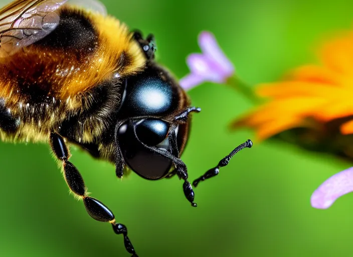 Image similar to super macro of a bee with cybernetic body drinking from a flower in the forest. fantasy magic style. highly detailed 8 k. intricate. nikon d 8 5 0 3 0 0 mm. award winning photography.