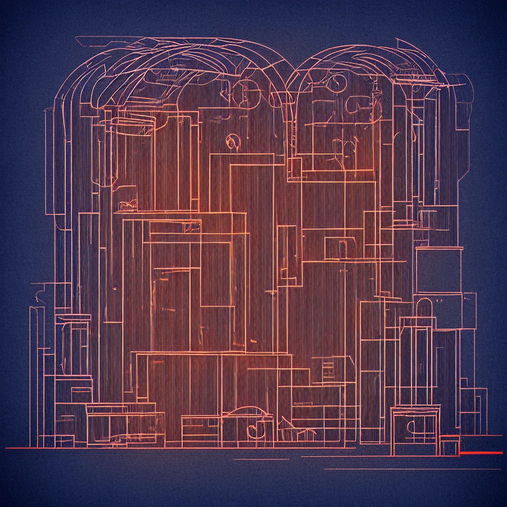 Prompt: time machine blueprint by, mads berg, karolis strautniekas, film noir, stippled light, dramatic lighting, editorial illustration, detailed, fine texture, matte print, art deco, brutalism, dark blue + dark orange, red, black, ( ( habitat 6 7 background ) )