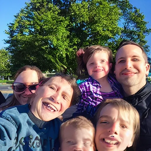 Prompt: family travel photo selfie taken at portland, oregon's waterfront park.
