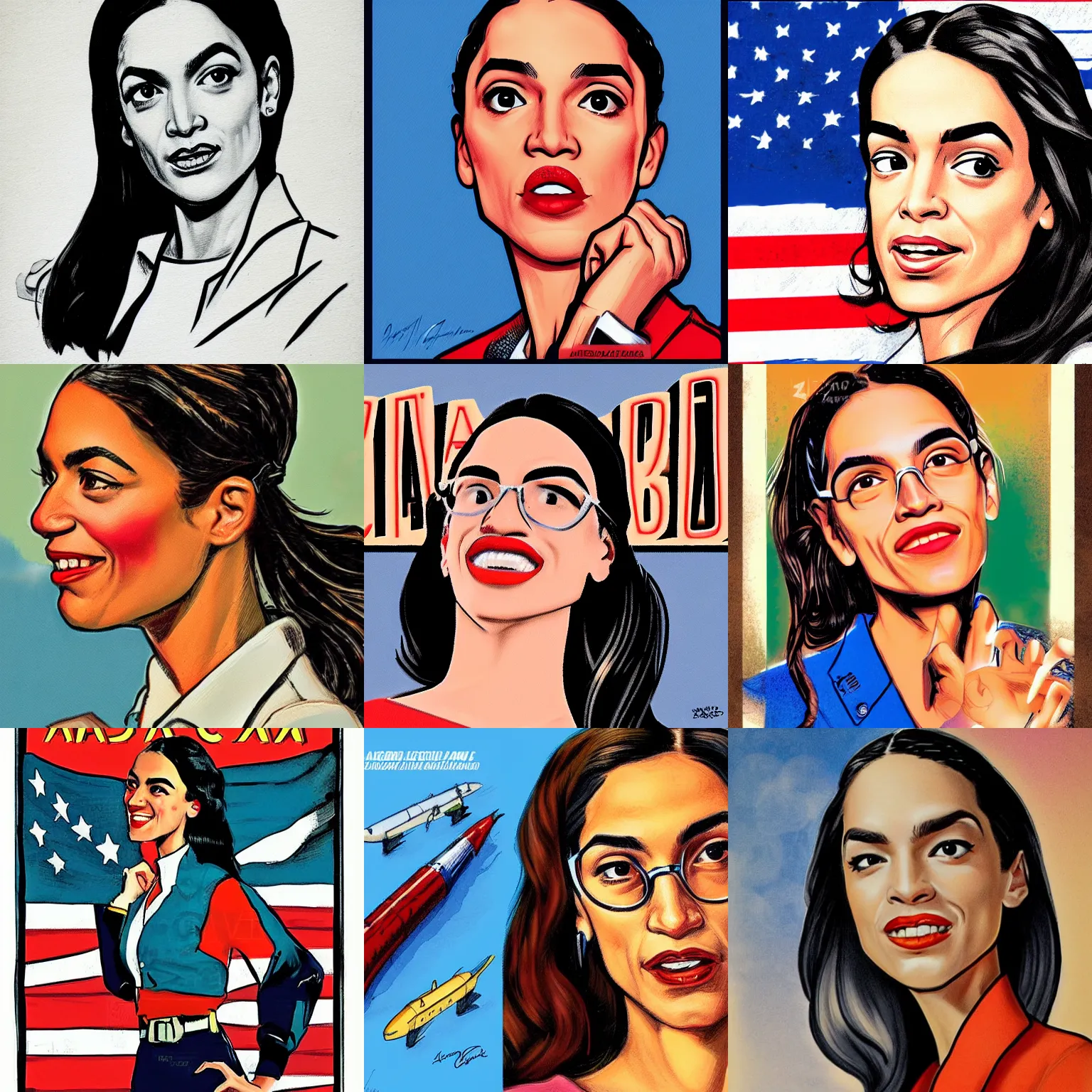 Prompt: alexandria ocasio cortez done in the art style of reynold brown, vintage art