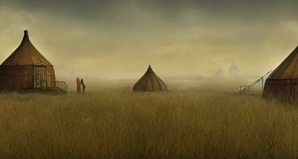 Image similar to night, yurt, in the steppe, summer field, misty background, rusty building constructions of spiral upside - down stairs on background, from the game pathologic 2, highly detailed, sharp focus, matte painting, by isaac levitan and asher brown durand,