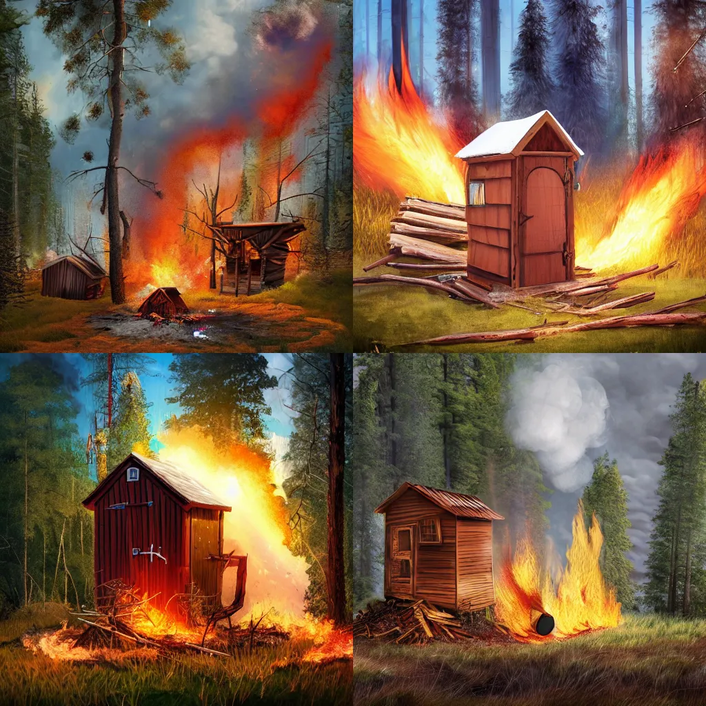 Prompt: finnish outhouse massively exploding in the middle of the forest with wood and splinters flying everywhere, digital concept art, key art, gasoline explosion, fire, cinematic, artstation,