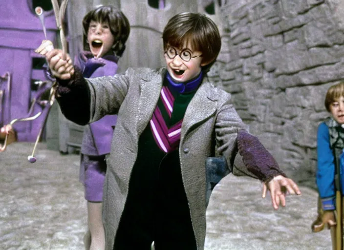 Image similar to film still of Harry potter as charlie in Willy Wonka's and the Chocolate Factory 1971