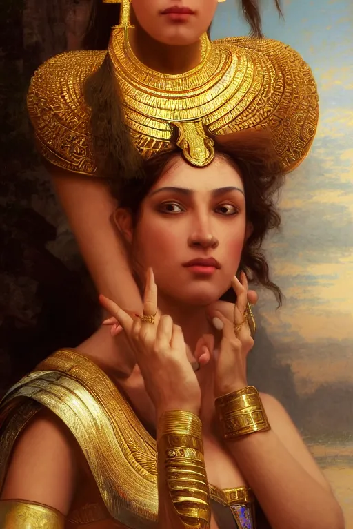 Image similar to Jessica Kahawaty as a beautiful egyptian princess, gorgeous, portrait, powerful, intricate, beautiful, masterpiece, elegant, volumetric lighting, digital painting, highly detailed, artstation, sharp focus, illustration, William-Adolphe Bouguereau, Hajime sorayama, ruan jia