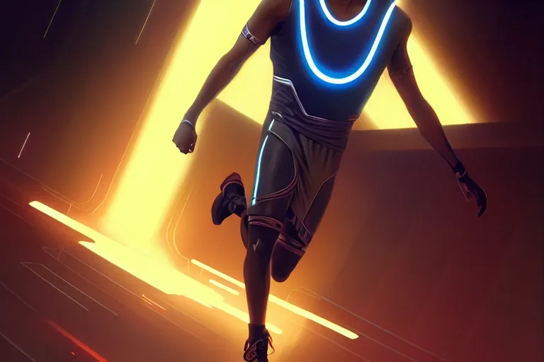 Prompt: tron legacy jesus playing basketball, face, diffuse lighting, hyper realistic, concept art, intricate, hyper detailed, smooth, sharp focus, illustration, artstation, art by greg rutkowski and james gurney and alphonse mucha