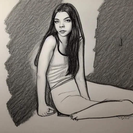 Prompt: A full body pencil sketch of Anya Taylor Joy, sitting, facing the camera, artistic