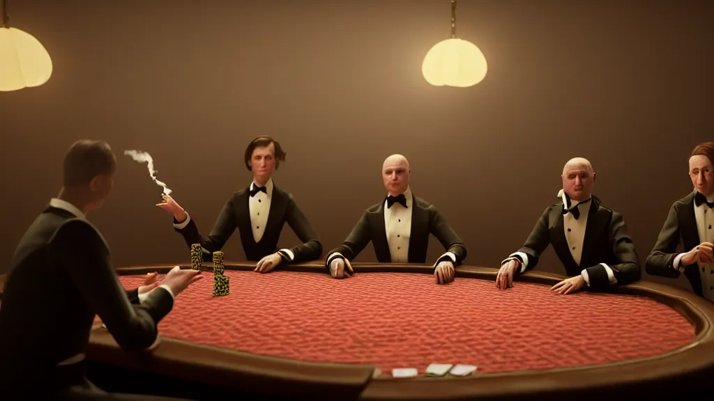 Prompt: hyperrealism simulation highly detailed human turtles'wearing detailed tuxedos and smoking, playing poker in surreal scene from renaissance movie from future by wes anderson and denis villeneuve and mike winkelmann rendered in blender and octane render