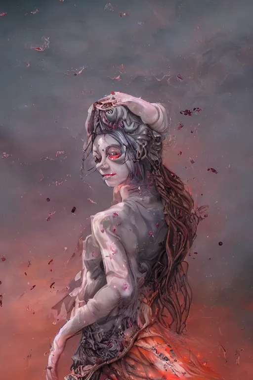 Image similar to A girl with a marble face, flowing silver-violet hair, stands with her arms spread out against the background of a blood-purple cloud in golden light, red streams flow through her body, skulls and bones of hands crawl out of the ground, dark red drops fly around, Anachronism, painting, dark fantasy, steampunk, 4k