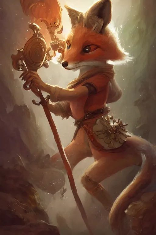 Image similar to cute little anthropomorphic fox, wielding a magic staff, tiny, small, short, Wizard robe, cute and adorable, pretty, beautiful, DnD character art portrait, matte fantasy painting, DeviantArt Artstation, by Jason Felix by Steve Argyle by Tyler Jacobson by Peter Mohrbacher, cinema