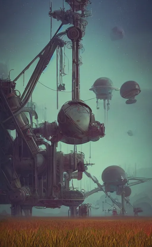 Prompt: a highly detailed beautiful dreamy breathtaking matte painting of the eternal planet, a tall grass field, broken machinery, simon stalenhag, featured on artstation, pulp scifi book cover art, i can't believe how beatiful this is, wow