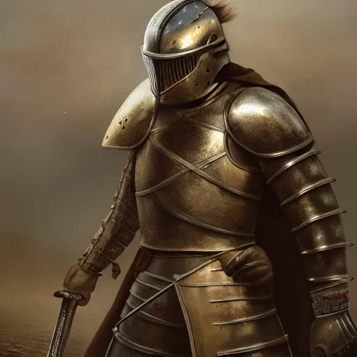 Image similar to A hyper-realistic painting of a medieval knight fighting a war in the desert, intricate, dust and blood and fog in the air, dark and horrifying battlefield environment, hyper realistic, cinematic lighting, volumetric lighting, Gold and Silver Armour Suit, trending on Artstation