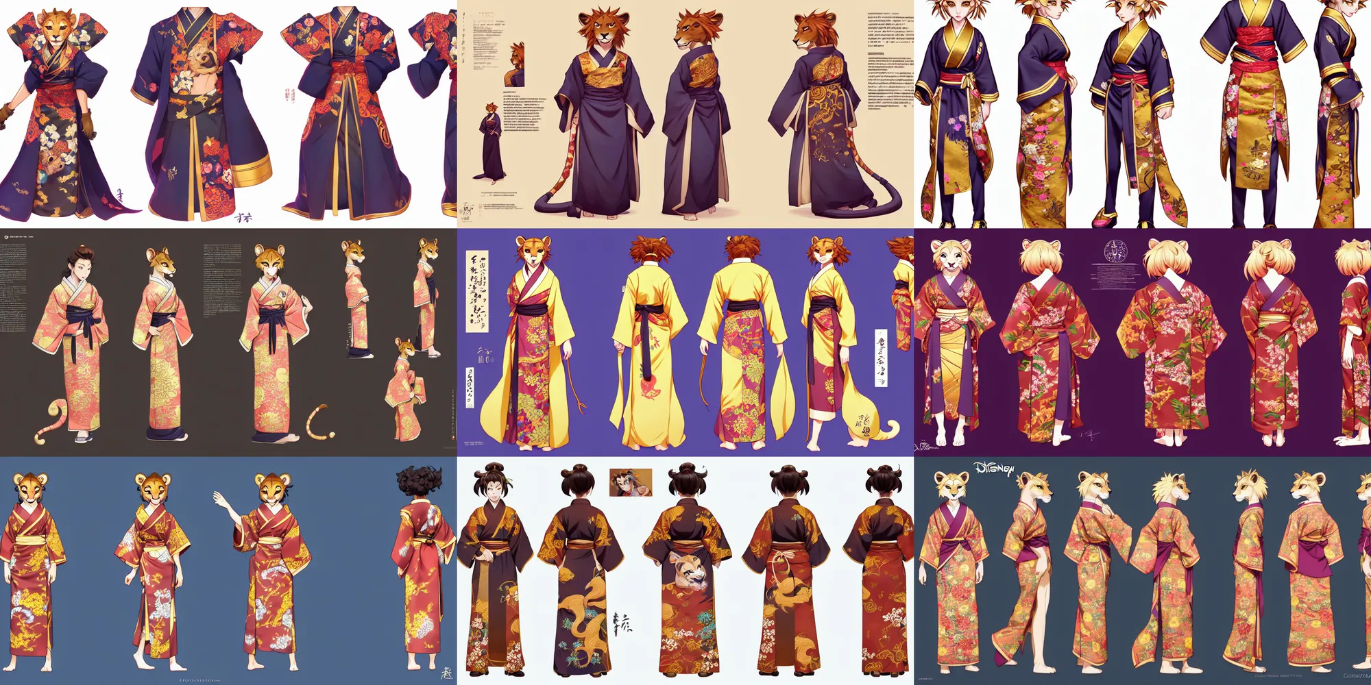 Prompt: beautiful full body portrait of a strong female anthropomorphic lioness fursona wearing a ornate yukata. character reference sheet with front, back and side profiles. character design by disney, anime, manga, charlie bowater, ross tran, artgerm, and makoto shinkai, detailed, soft lighting, rendered in octane