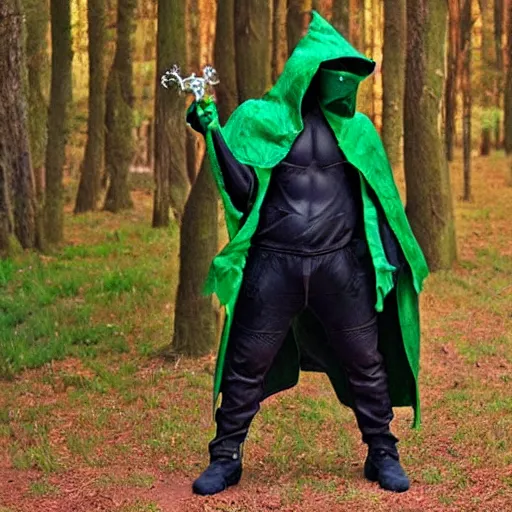 Image similar to night goblin wearing pointy hoods, fantasy, green skin