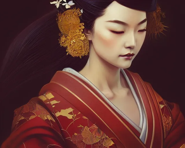 Image similar to photography of japanese geisha, deep focus, d & d, fantasy, intricate, elegant, highly detailed, digital painting, artstation, concept art, matte, sharp focus, illustration, hearthstone, art by artgerm and greg rutkowski and alphonse mucha