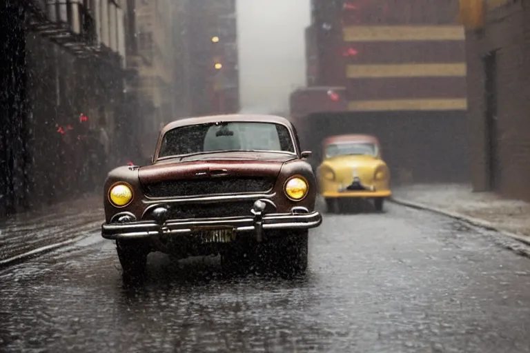 Prompt: street photography by saul leiter, in a new york wet alley, award winning photo of an ultra detailed intricate beautiful vintage ford car speeding very fast on mud, fast shutter speed, motion blur, tiny gaussian blur, highly detailed, highly intricate, depth of field, trending on top gear