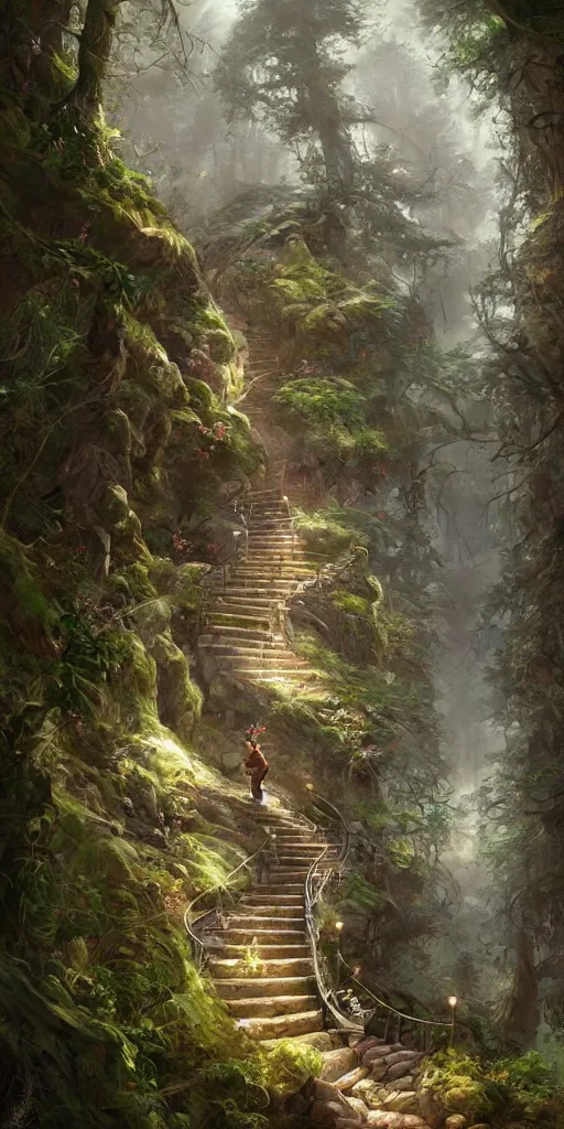 Prompt: a man walking up a steep and winding staircase, in magical woods, intricate, elegant, highly detailed, fantasy digital painting, artstation, concept art, sharp focus, beautiful illustration, by justin gerard and artgerm, 8 k