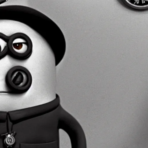 Prompt: doctor nefario from minions rise of gru as a nazi scientist military uniform no hat black and white photo