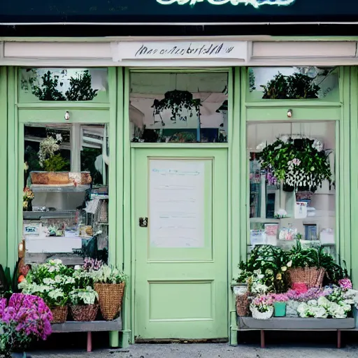 Image similar to A photo of a quaint flower shop storefront with a pastel green and clean white facade and open door and big window