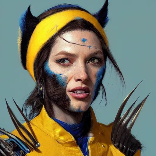 Prompt: Concept art, A wolverine with a pearl earring with maize and blue background, james gurney, greg rutkowski, john howe, artstation