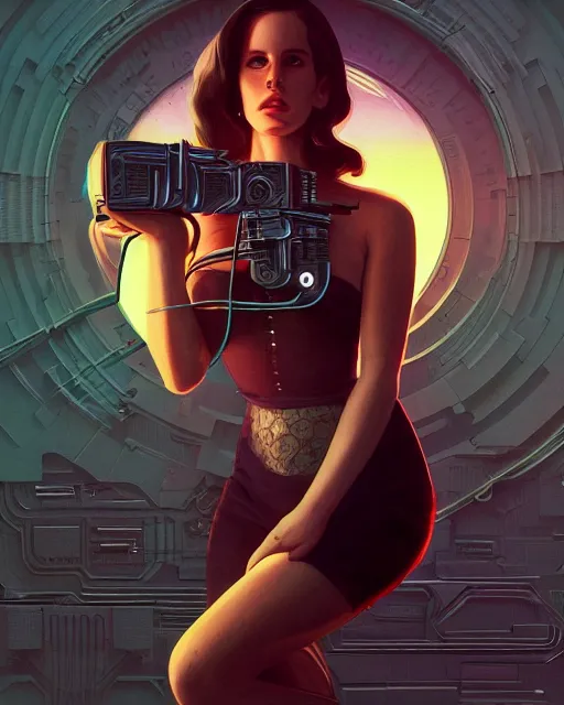 Image similar to portrait of Lana Del Rey as a cyborg. intricate abstract. intricate artwork. by Tooth Wu, wlop, beeple, dan mumford. dune by david lynch, octane render, trending on artstation, greg rutkowski very coherent symmetrical artwork. cinematic, hyper realism, high detail, octane render, 8k, iridescent accents