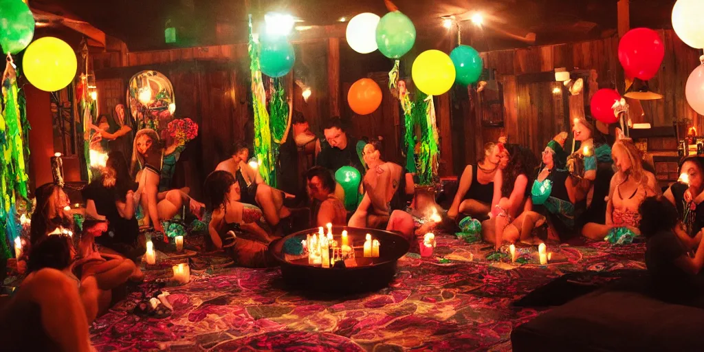 Prompt: opening shot of a party at midnight, indoors, bay area, candles, hot tub, friendship, fun, peyote colors, cinematic movie still