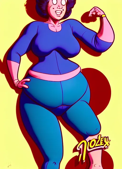 Image similar to the protagonist's mother, jolly, zaftig figure, plump, 1 9 8 0 s fashion, artgerm, artstation trending, archie comics and don bluth animation, in the style of jack kirby and alex toth, quixel megascan, digital 2 d, painterly style, flat illustration, high contrast