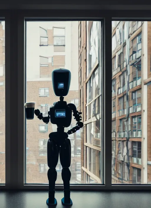 Image similar to Industrial style humanoid robot wearing human clothes, drinking a cup of coffee, standing in front of his apartment window looking outside, global illumination, radiant light, detailed and intricate environment