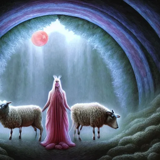 Image similar to an anthromorphic wolf dressed like a sheppard with 2 sheep in a zen garden with a waterfall under the blood moon, by Adi granov and afarin sajedi and amanda sage and evgeni gordiets and Agostino Arrivabene and adonna khare in a psychedelic portrait style, ultrarealistic matte painting, volumetric lighting, fractal, extremely symmetrical, highly detailed face, orisha, 8k, hd