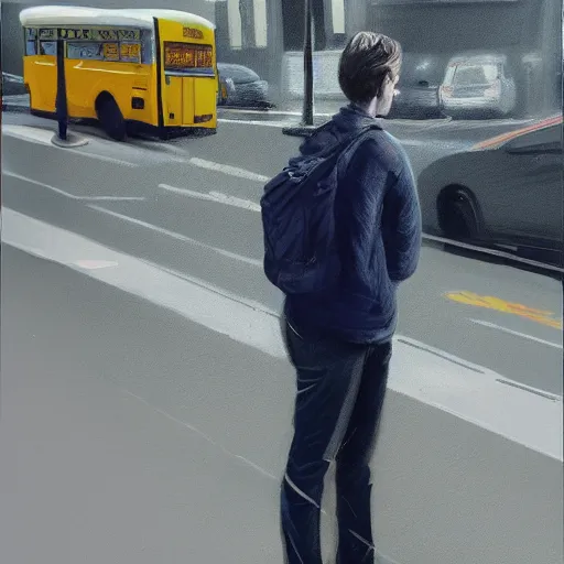 Image similar to an ultra detailed portrait of griffin pafford standing waiting at a bus stop, hyper realism, highly detailed, photograph, 8 k