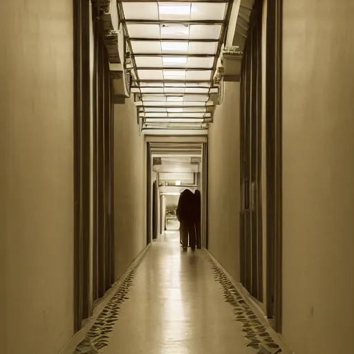 Prompt: noisy color photograph of a liminal space, wide hallways with high ceilings, minimalist, oddly familiar, cinematic, dramatic lighting, soft vintage glow