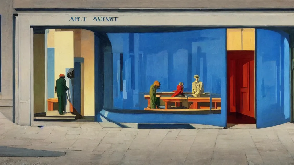 Image similar to Street art. paralyzed by the indescribable beauty of the cosmos. facade of the entrance to the art gallery exhibition. art style by Edward Hopper daring, incredible