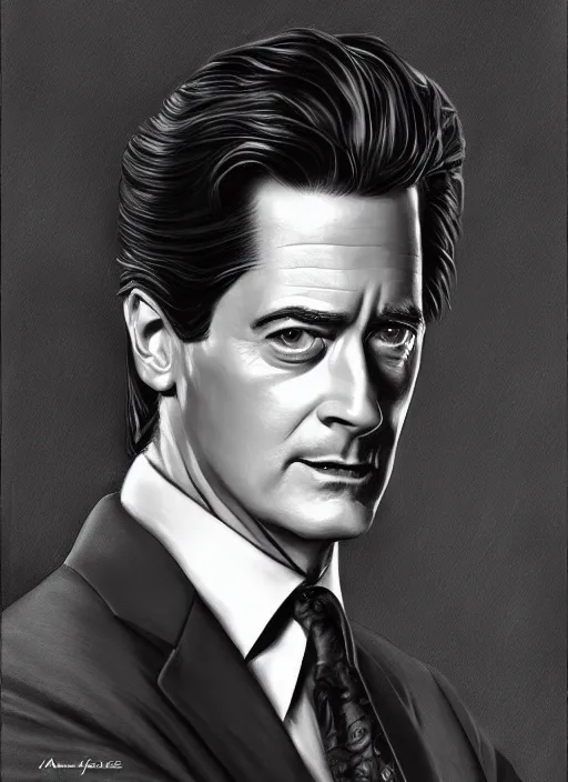 Prompt: portrait of kyle maclachlan as dale cooper by alex horley